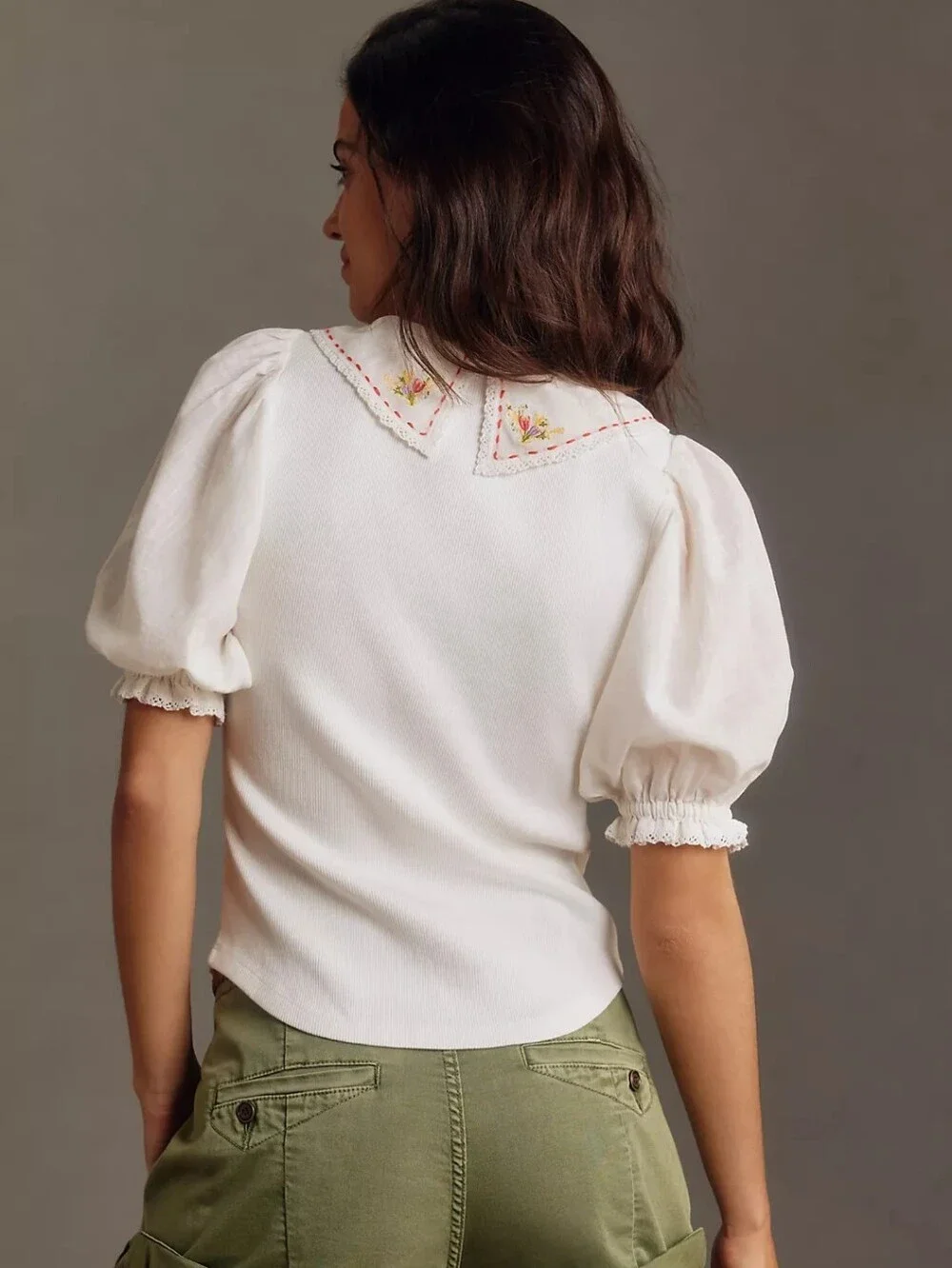 Anthropologie Short Puff Sleeve Collared Floral Embroidered Top White Size XLP